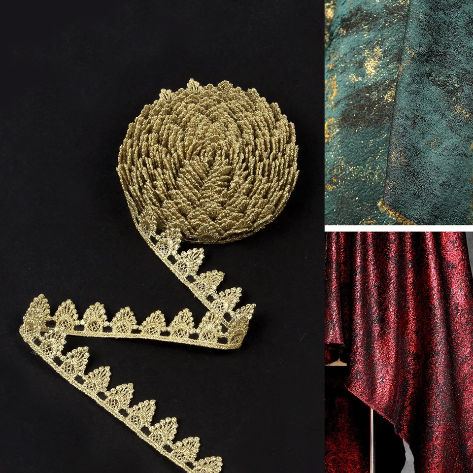 Tela de costura decorativa vintage de encaje bordada dorada de 5 yardas Foto 3 de 4