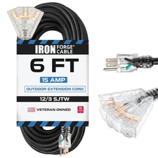 6 ft 12 Gauge Extension Cord with Multiple Outlets Black Heavy Duty 12/3