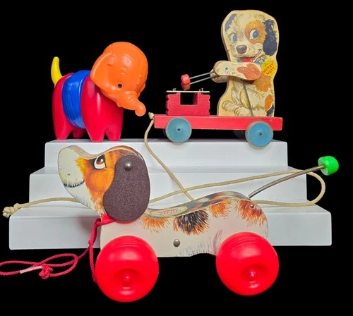 VINTAGE FISHER-PRICE MERRY MUTT #475, LITTLE SCOTTY & TUPPERWARE TOY ELEPHANT