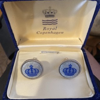 Vintage Swank Royal Copenhagen Blue White Crown Silver Plated Cuff Links