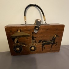 Collins of Texas Box Bag Horse Carriage Design Brown Black Gold Wood Metal