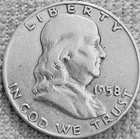 1- 1958 D Franklin half dollar coin