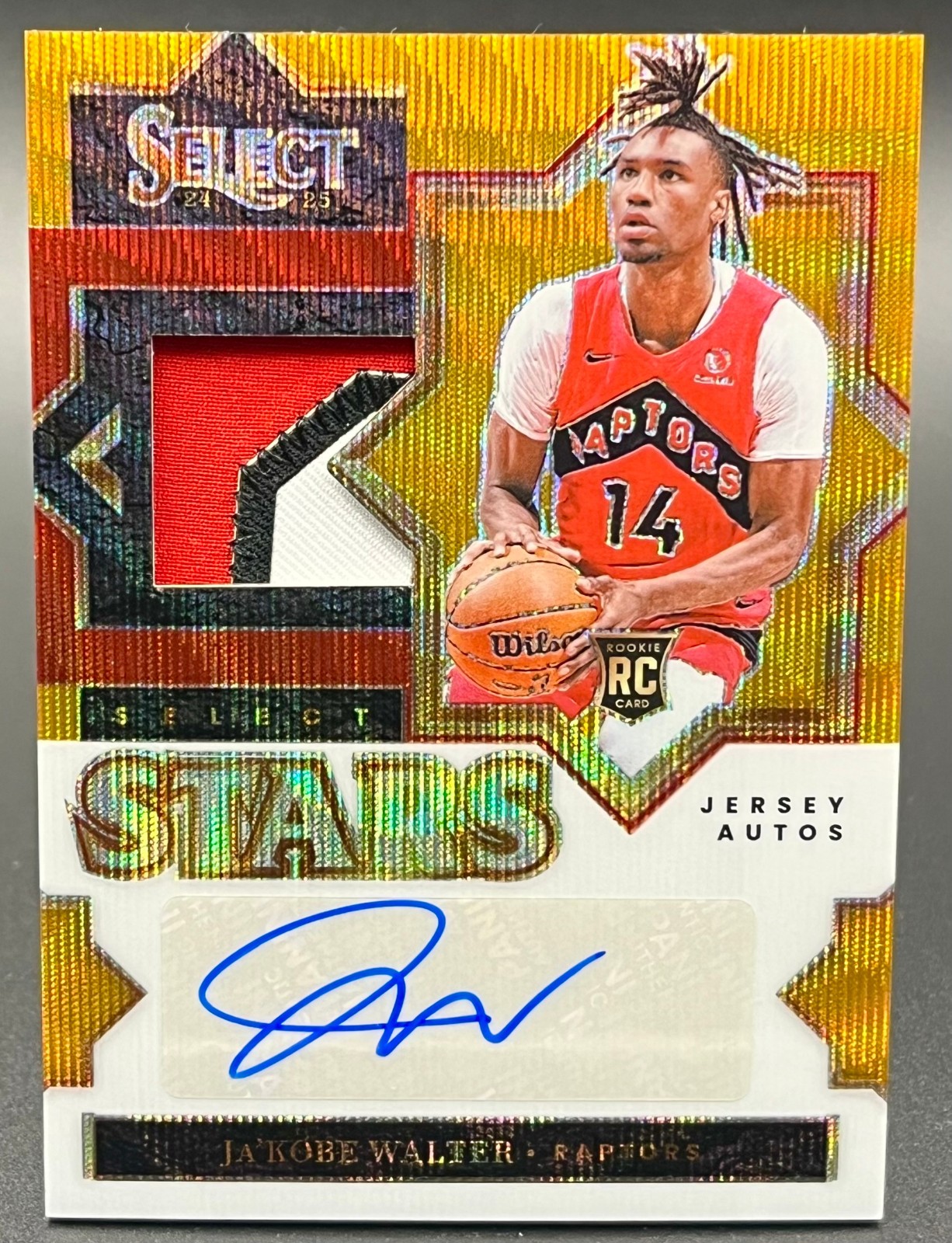 2024-25 Select Ja'Kobe Walter Gold Wave Prizm /10 Auto RC Rookie 3-Color Patch