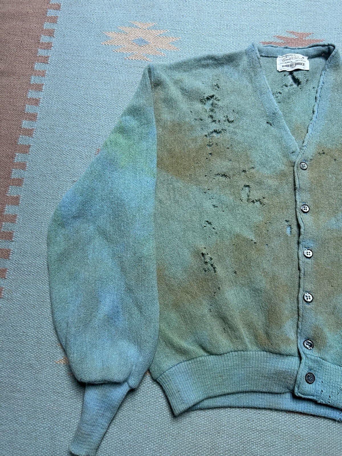 Vintage 70s cardigan sweater Robert Bruce Arnold Palmer thrashed zombie blue Lg