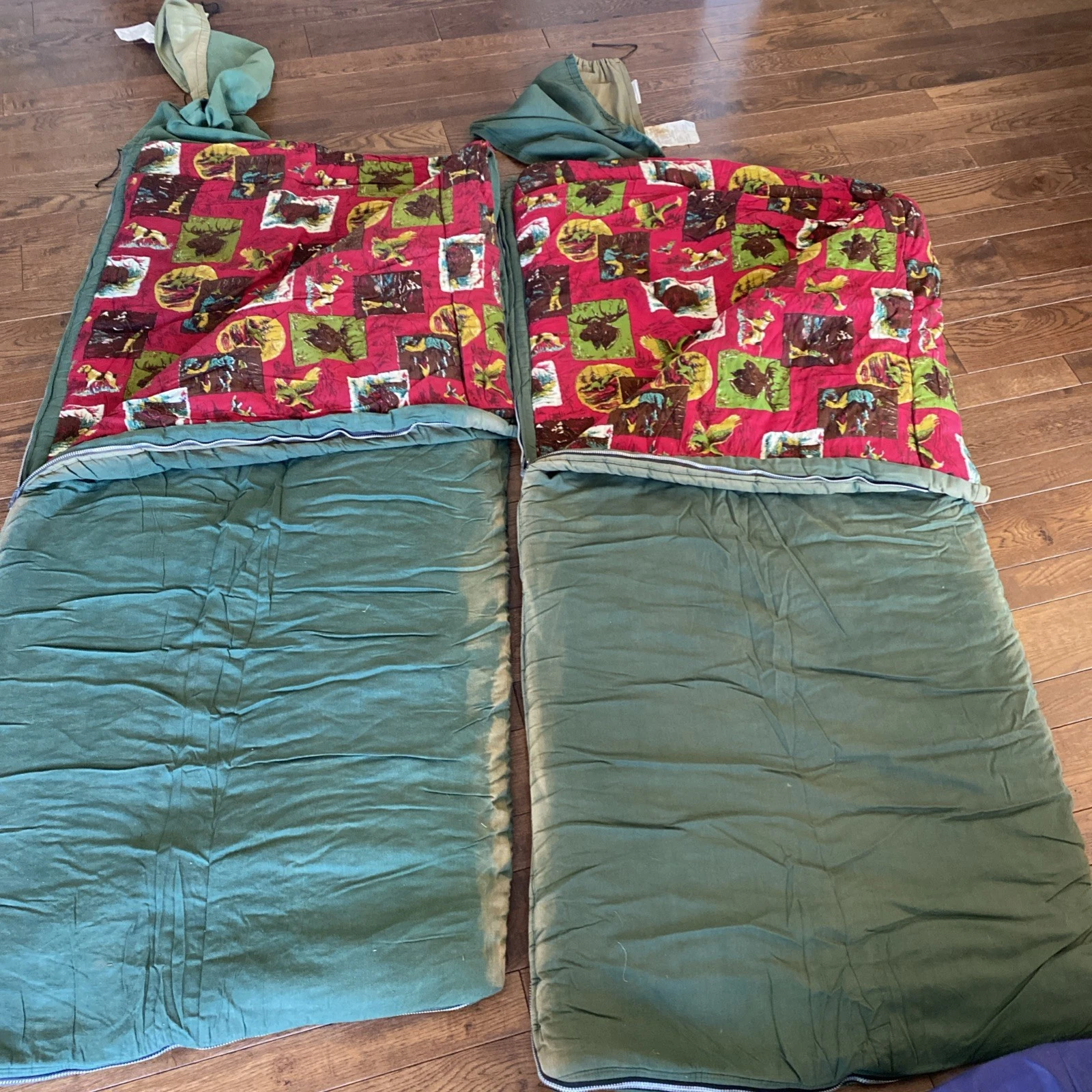 2 Coleman Vtg Green Sleeping Bag Red Flannel Duck & Quail Camping Hunting