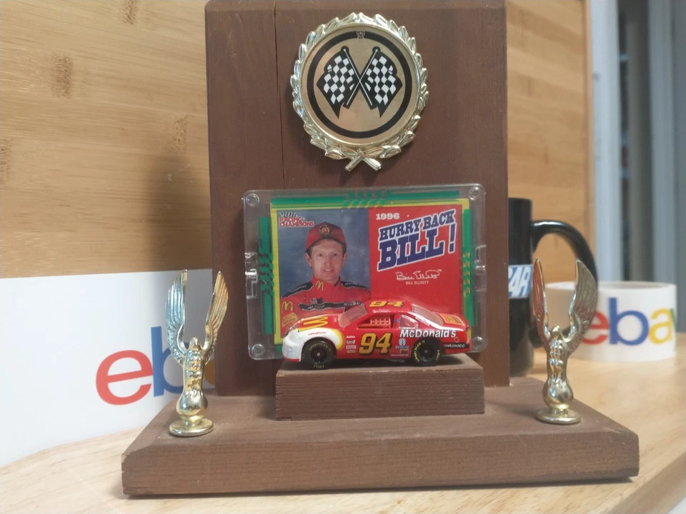NASCAR wooden trophy stand with a 1/64 diecast #94 McDonald's Bill Elliott Ford - Image 2 of 4