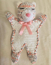Handmade Crocheted Pink/White/Gray Teddy Bear Lovey Plush w/ Pink Ribbon Bow