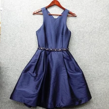 ML Monique Lhuillier Fit Flare Dress Women 2 XS Navy Beads Cross Back Party $495