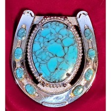 Western Horseshoe Belt Buckle Silver Tone Faux Turquoise Stones Southwestern
