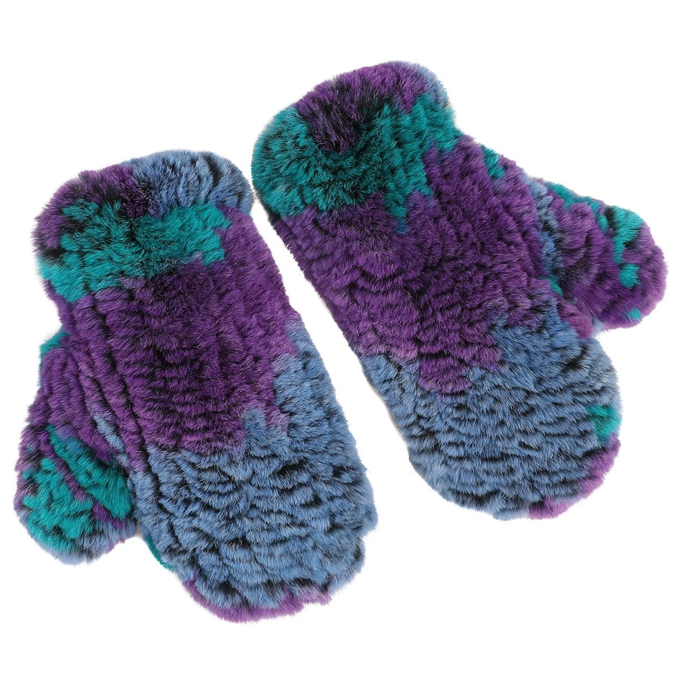 Women's Genuine Rex Rabbit Fur Knitted Mittens Soft Winter Cold Weather Gloves - Image 2 of 4