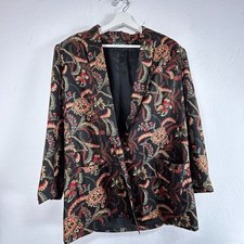 Harv  Benard Womens Black Floral Leaf Print Button Front Blazer Jacket Pockets
