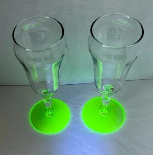 2 Vintage Depression Uranium Glass Wine , Champagne, Water