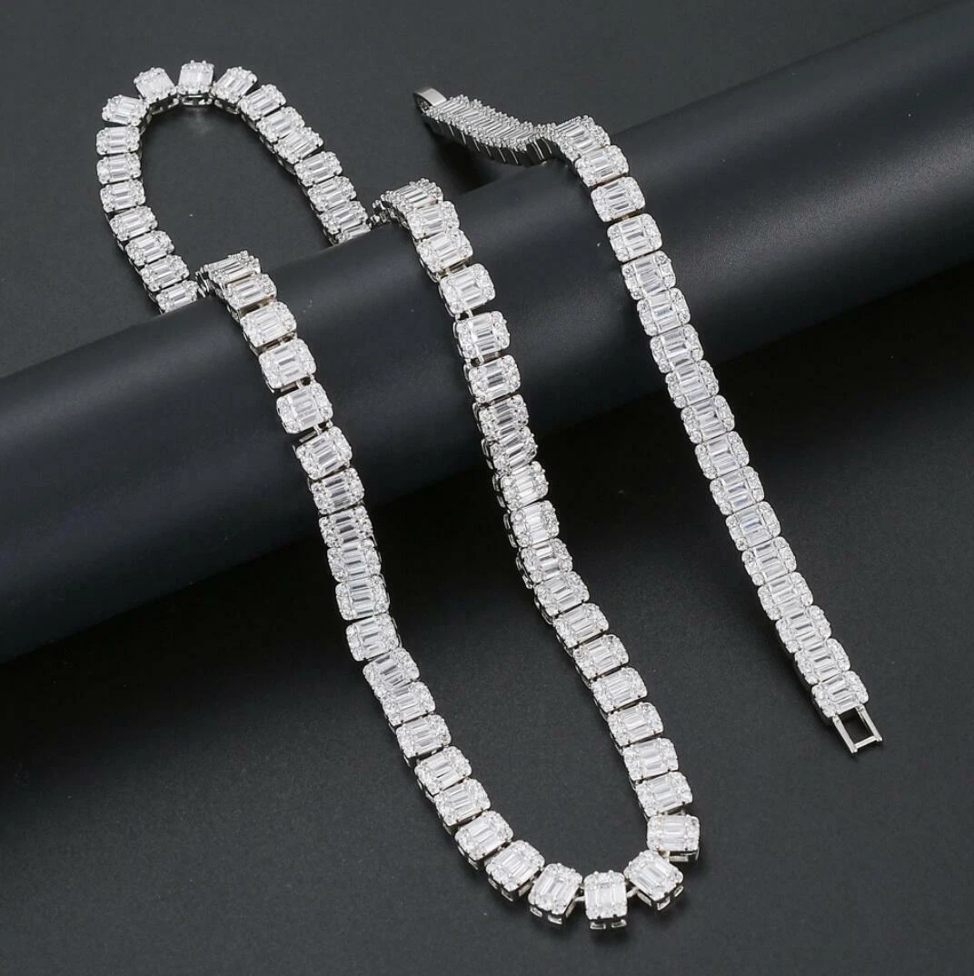 Men Square Tennis Iced 14K Gold plated CZ Hip Hop Bracelet Necklace A9245 W
