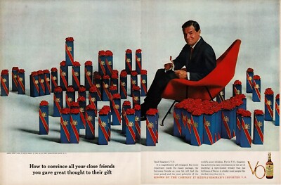 1962 SEAGRAM'S VO Whiskey Man Sitting in Red Chair Centerfold Vintage Print Ad