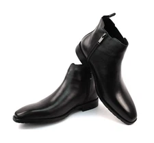 Men's Exclusive Genuine Leather Solid Black Almond Toe Chelsea Boots Zipper AZAR
