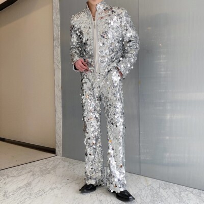 Personalized Sequin Straight Bell-bottom Pant Casual Trousers Handsome Stage Men