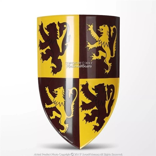 Medieval Scottish Rampant Lion Knight Heater Shield 18G Steel Grip Leather Strap - Picture 6 of 6
