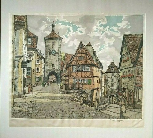 LISTED HANS FIGURA Sd ORIGINAL COLORED ETCHING AQUATINT on SILK GERMAN VILLAGE - Picture 2 of 10