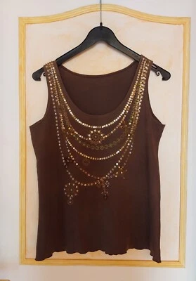 Débardeur Marron avec Perles et Paillettes T. L Coton Extensible - Photo 1/3
