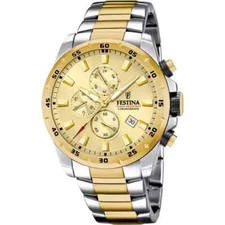 Festina F205621 Mens Two Tone Stainless Steel Gold Analog Dial Quartz Wristwatch