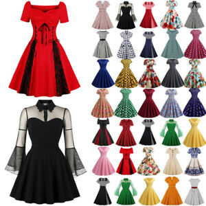 Damen Rockabilly 50er Jahre Midikleid Petticoat Vintage Hepburn Abend Partykleid