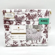 Wendy Bellissimo 6pc KING Santa Snowman Bells Red Winter Christmas Sheet Set NEW