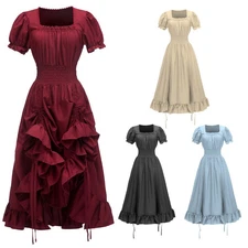 Women Victorian Renaissance Dress Ruffle High Low Dress with Drawstring Parties