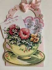 Fabulous New TEA CUP Basket Card Floral Handkerchief, Enclosure -LuRay Hankie