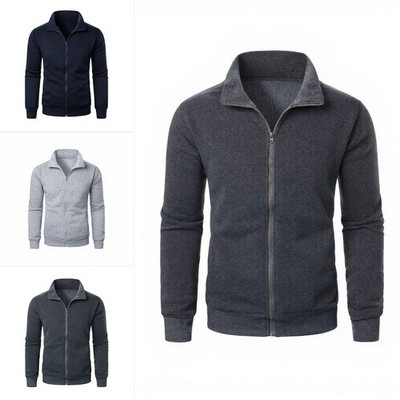 Solid Color Men's Polyester Jacket Long Sleeve Lapel Neckline for Daily Use
