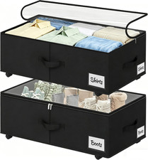 Under Bed Storage with Wheels, 2 Pack Underbed Storage Containers with Clear Lid