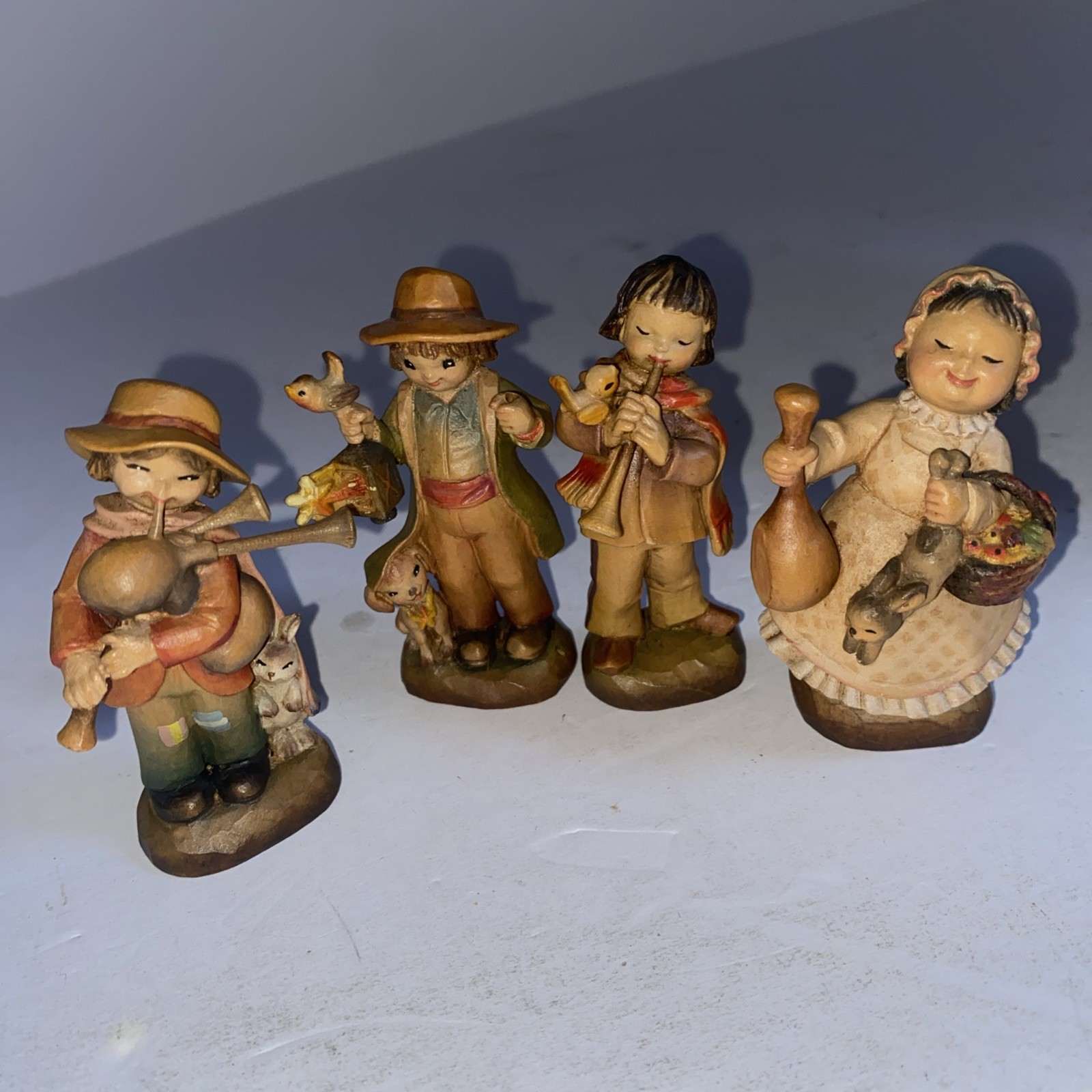 Vintage ANRI Italy Hand Carved Wood Figurine Lot 4 Musician Bird Girl Folk Art