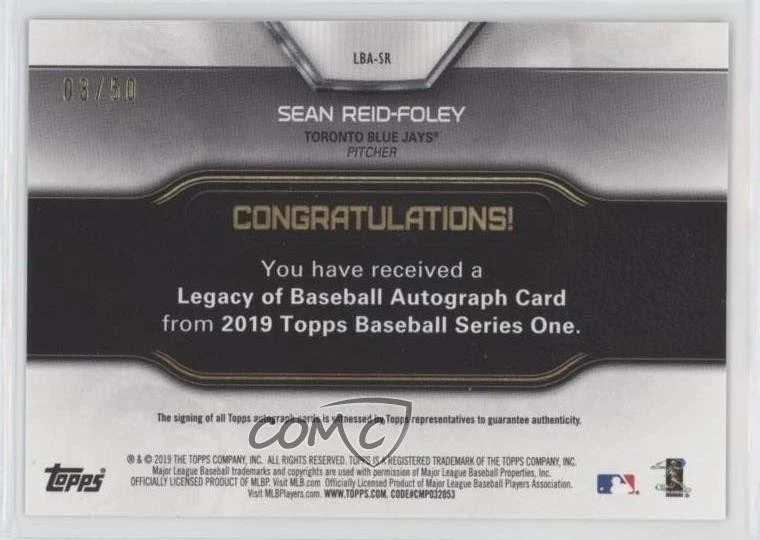 2019 Topps Legacy of Baseball Gold /50 Sean Reid-Foley #LBA-SR Rookie Auto RC - Image 2 of 2