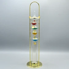 Galileo Archimedes Floating Bulb Thermometer in Brass Tiered Stand Vintage 13 In
