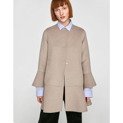 Zara Bell Sleeve Coat Beige Wool Women's Size XS