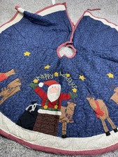 Quilted Christmas Tree Skirt Santa Reindeer Happy Holidays Blue Cotton Applique