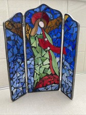 Vintage Stained Glass Mosaic Sun Catcher Tri Fold Angel Religious