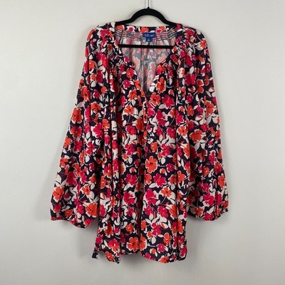 Liz & Me Floral Peasant Blouse Size 5X Georgette Popover Navy Multi Split Neck