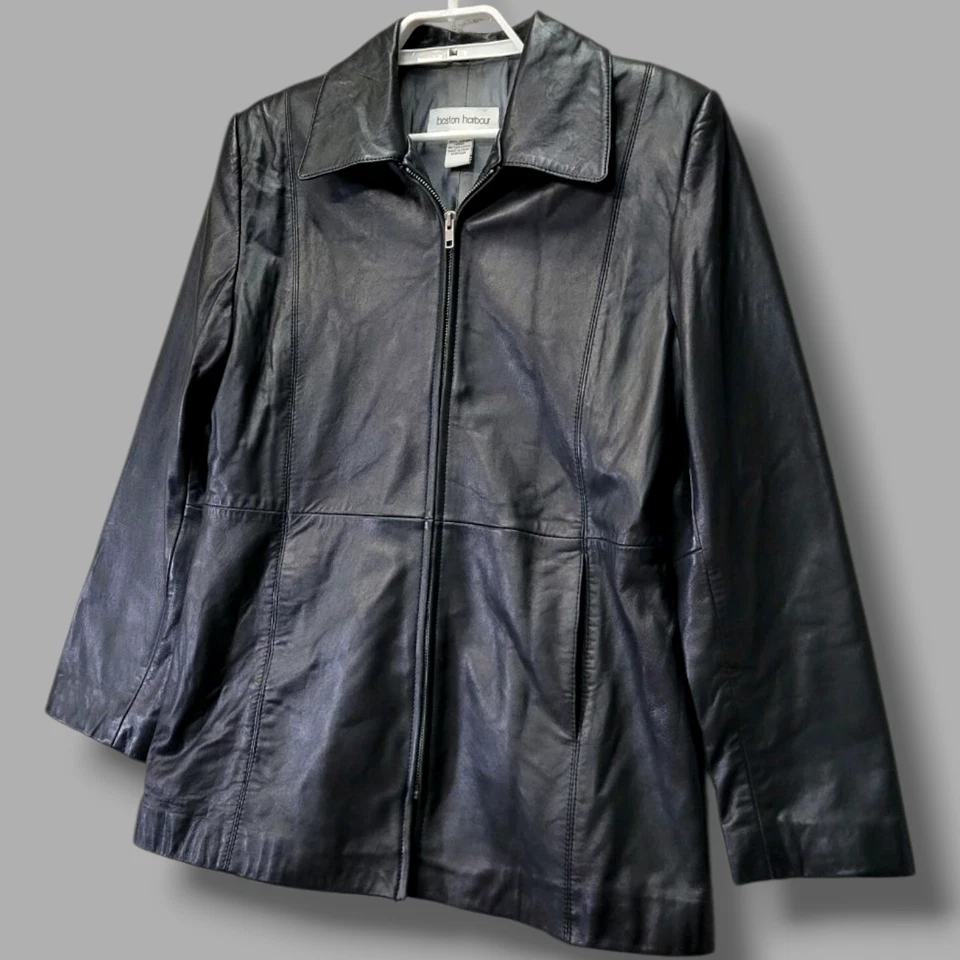 Chaqueta Boston Harbour Mujer Mediana Cuero Negro Cremallera Frontal Clásico Forrado Abrigo Foto 4 de 4