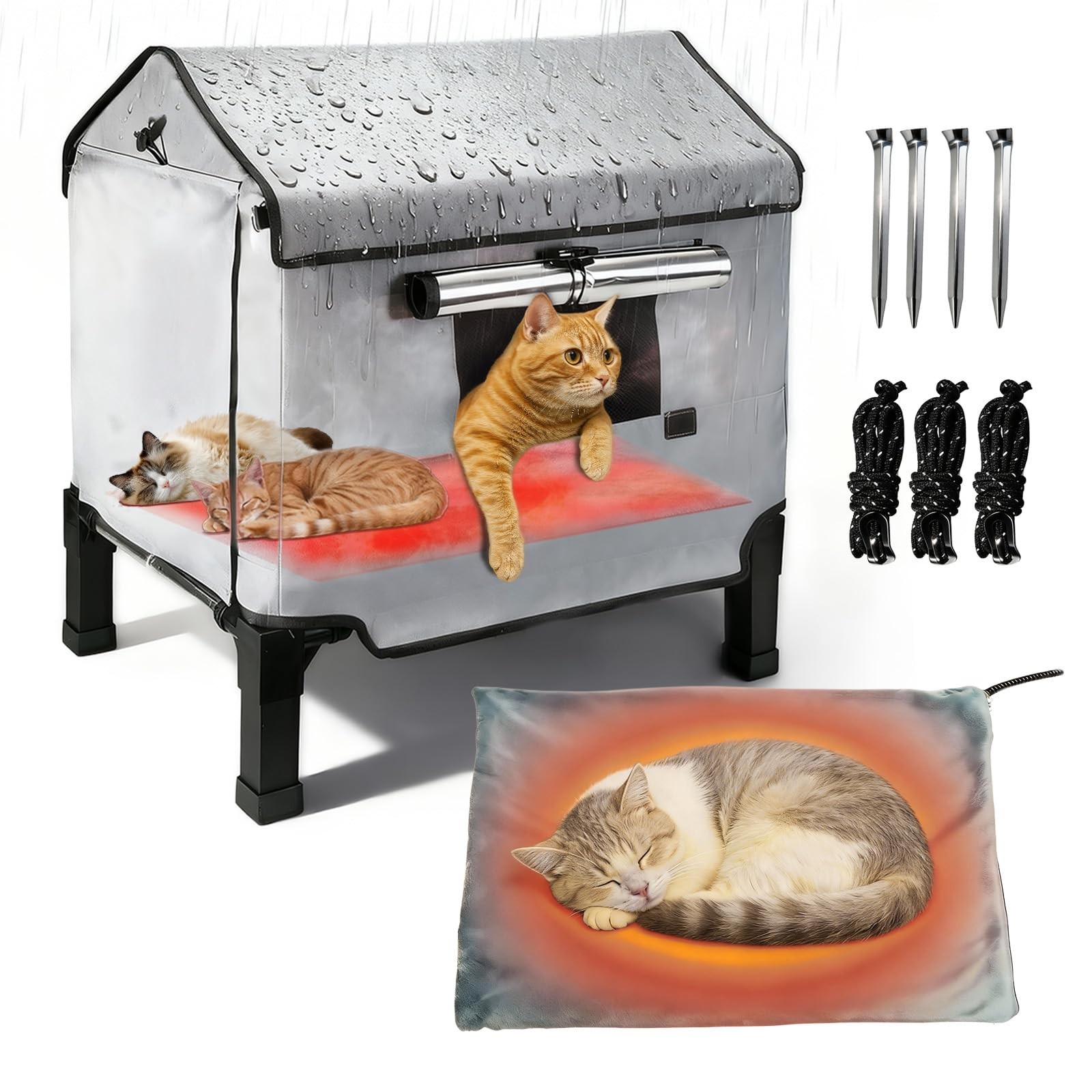 Heated Cat House for Outside, Winter Feral Cat Shelter with Heating Pad, Wate...