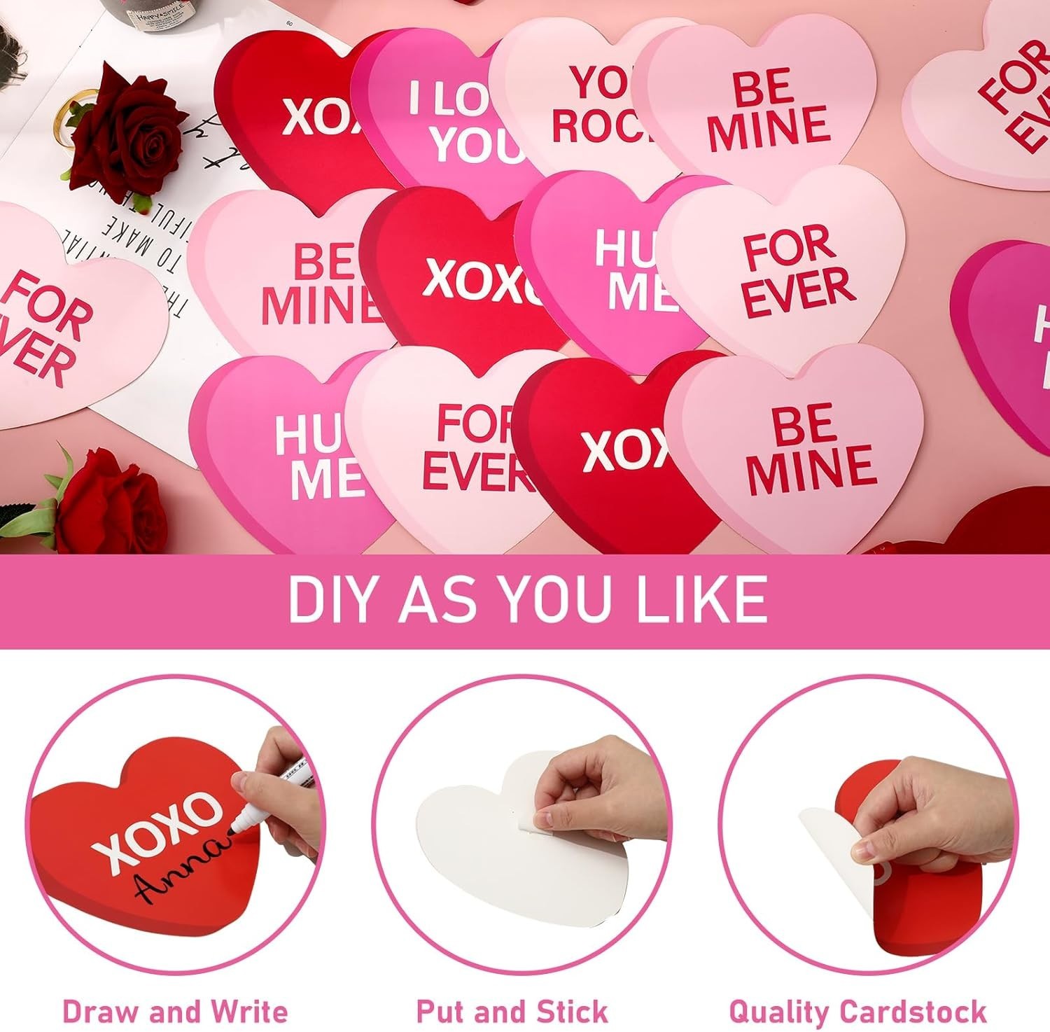 48Pcs Valentine' s Day Conversation Heart Paper Cutouts 6 Inch Red Pink Candy... thumbnail 4