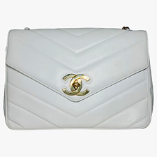 Rare CHANEL Vintage 1994-96 Jumbo XL Chevron Flap White Leather