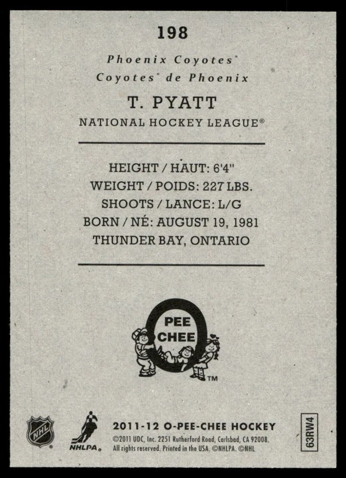 2011-12 O-Pee-Chee Retro Taylor Pyatt Phoenix Coyotes #198 - Image 2 of 2