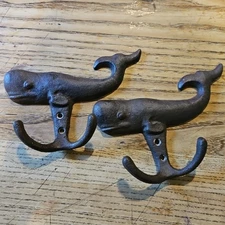 Cast Iron Sperm Whale Double Wall Hook Nautical Key Towel Coat Hanger Lot Of 2
