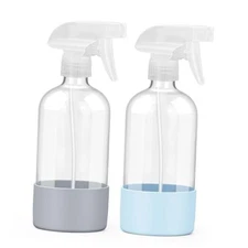 2 Pack Glass Spray Bottles with Silicone Sleeve, 16 oz Empty Blue&Grey