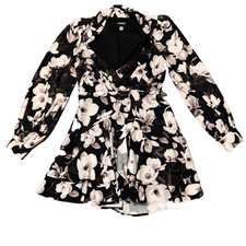 Express Sleeveless Black And White Floral Long Sleeve Dress Ruffle Hem Size S