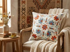 Handmade Uzbek Suzani Pillow – Silk Linen 20x20 in – Boho Global Home Decor