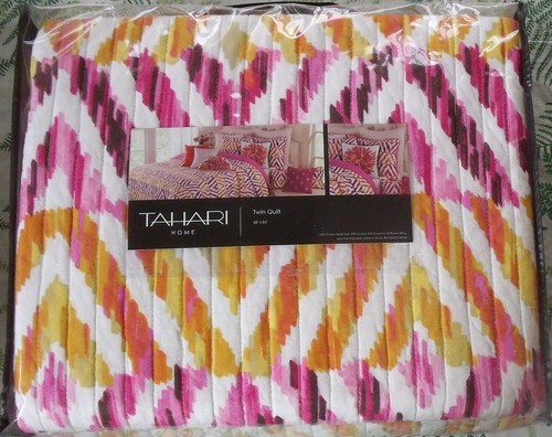 Juego de fundas para colcha doble Tahari rosa caliente amarillo naranja ciruela zigzag nuevo en paquete - Imagen 3 de 4