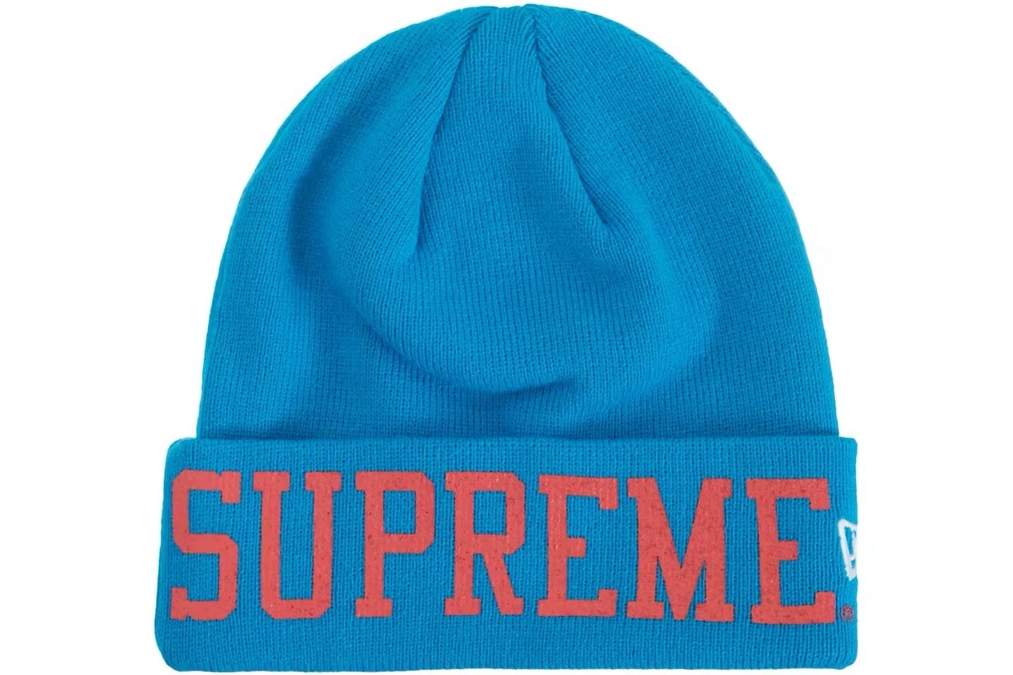 Supreme X New Era Varsity Beanie (bleu avec lettrage orange)