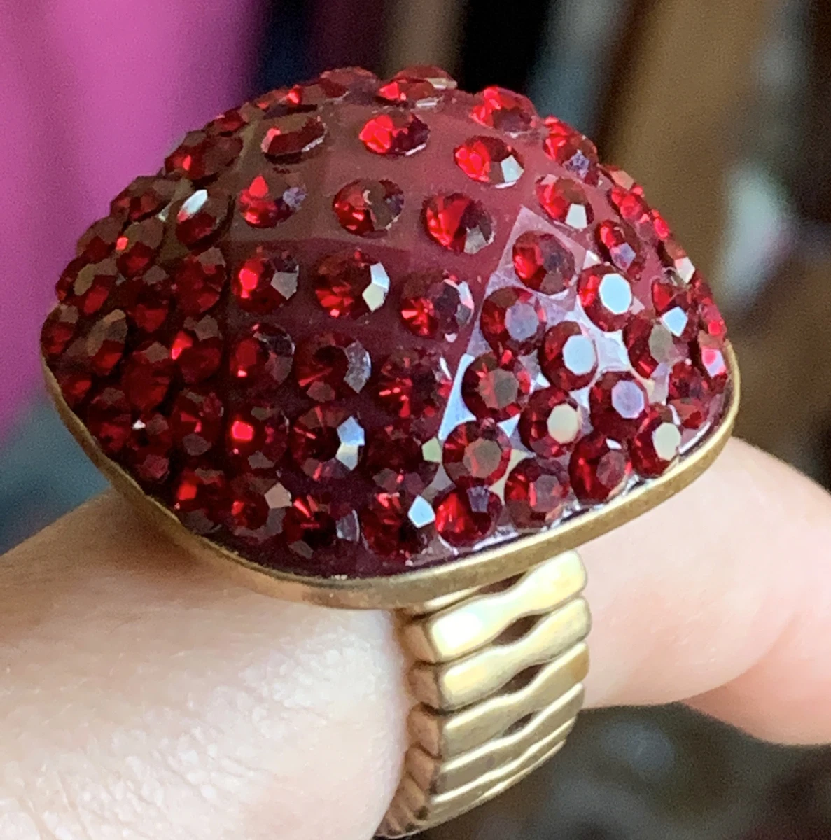 Stretch Ring Dome Gold Tone Red Crystals Red Cocktail Ring eBay