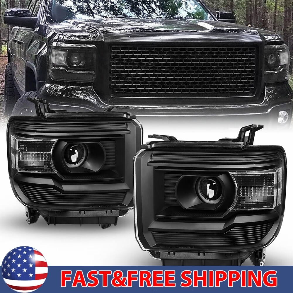 For 2014-2015 GMC Sierra 1500 Black Clear Pair Headlights Assembly